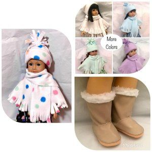 Winter Warm Fleece Hat Scarf Poncho + Boots fits American Girl and 18” Dolls New